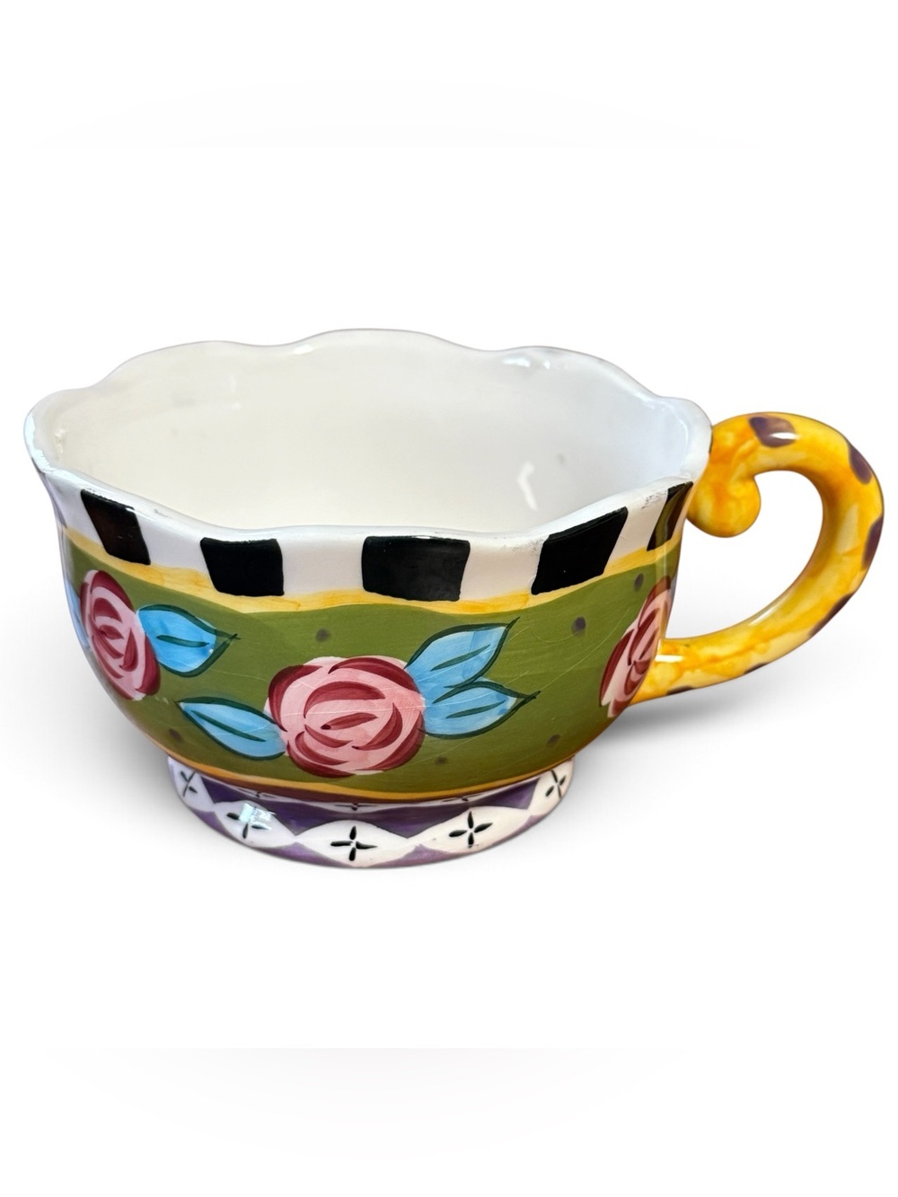 Vintage 1997 CBK LTD Floral Stripe Hand Painted Mug Green Pink Black White Blue